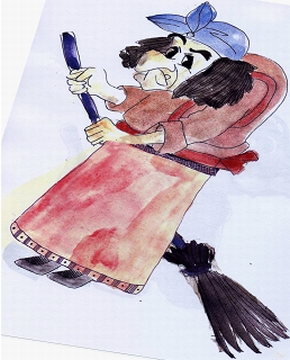 Laumė ragana gauruota, apsižergus ilgą šluotą